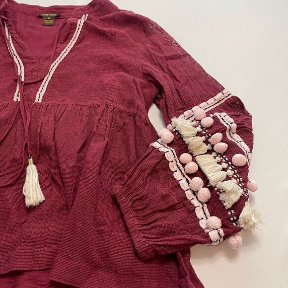 Anthropologie Vineet Bahl Pom Pom Burgundy Tunic Top Size Medium - Picture 2 of 11